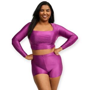 5X 28W Torrid Purple Crop Top Short Set Rhinestone Long Sleeve Stretch Mesh Knit